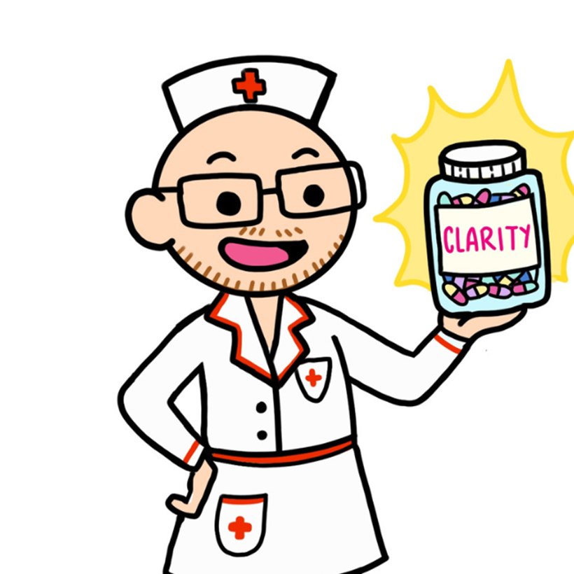 Adam as a doctor holding a jar labelled Clarity